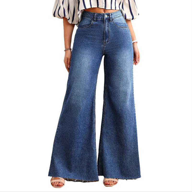 Women's Flared Leggings High Waist Baggy Fit Straight Jeans Loose Pants with Wide Legs Simple Style Pour Femmes
