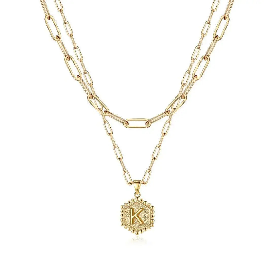14K Gold Customized Clip Chain Necklace Simple and Lovely Hexagonal Name Letter Pendant Double Sided Sunflower Necklace