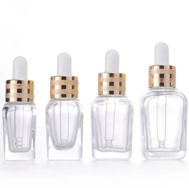 In Stock 10ml 15ml 20ml 30ml 50ml 100ml square clear Thick Bottom Glass Dropper Bottle for Essential Oil With Gold Dropper