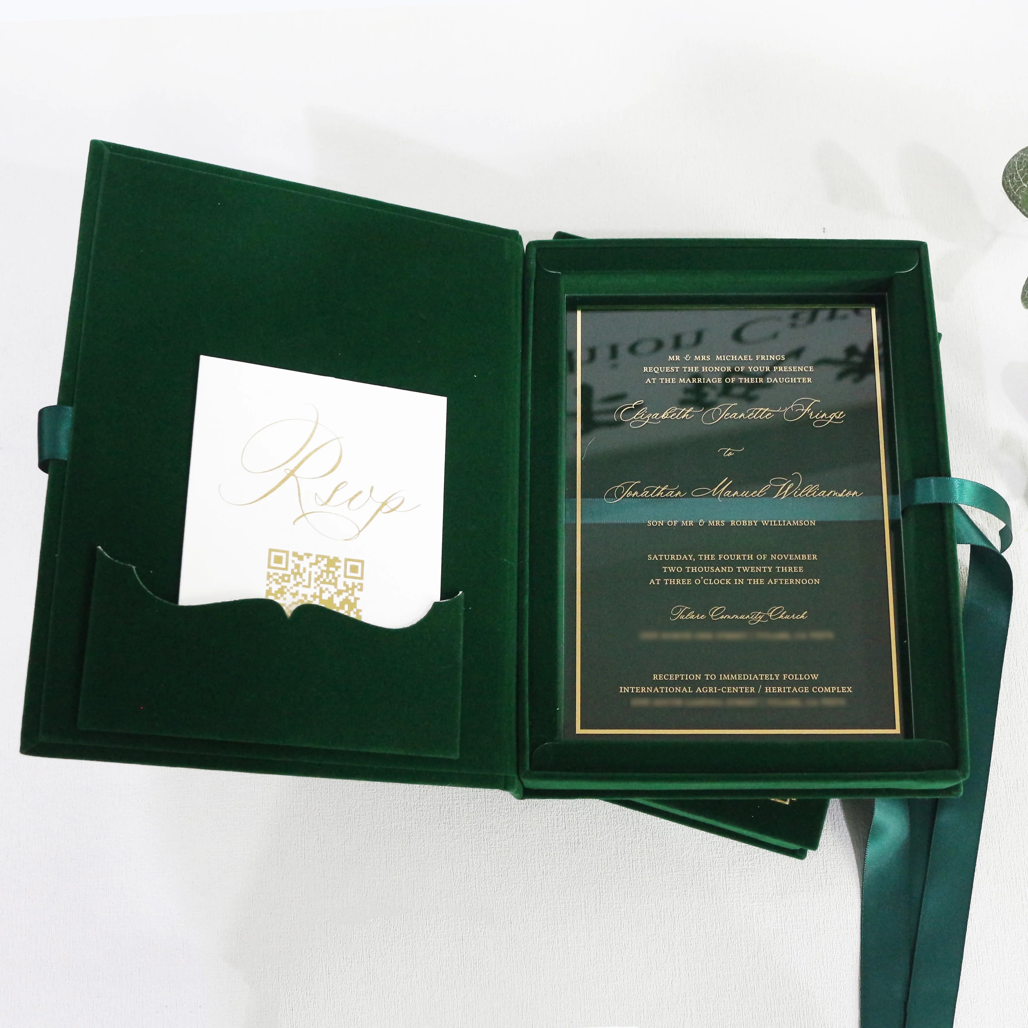 Christening Green Velvet Suede Wedding Invitation Box Plexiglass clear Acrylic Invitation Card