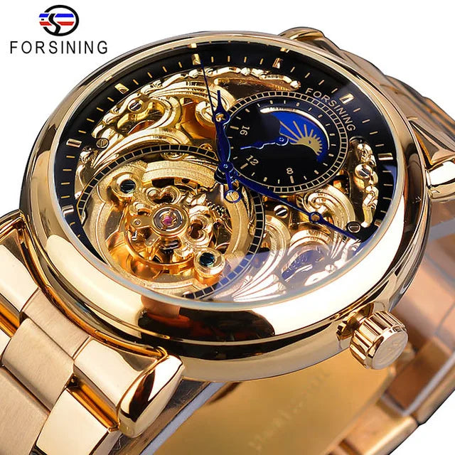 Forsining Mechanical Automatic Watch Men Fashion Business Golden Clock Stainless Steel Mens Watches Waterproof Man Wristwatches