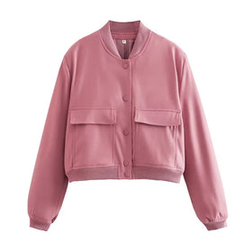2023 Summer New Big Pocket Jacket Solid Color Long Sleeve Round Neck Women Coat