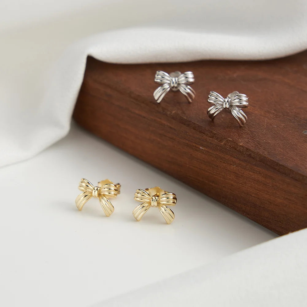 Hypoallergenic S925 Sterling Silver Bowknot Earrings Cute Tiny Gold Plated Ribbon Bow Stud Earring Women Jewelry