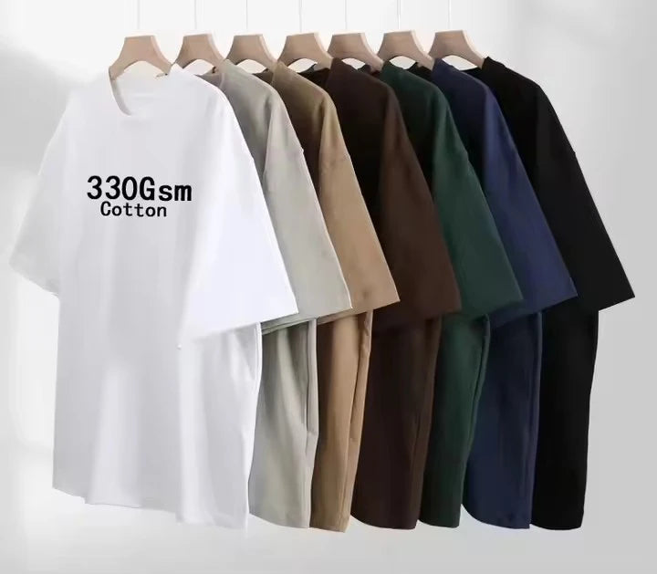 Custom Factory Men's Crew Tee Knitted 100% Cotton Heavyweight 330Gsm Anti-Pilling Cropped Boxy Fit O-Neck Short Sleeve T-Shirt