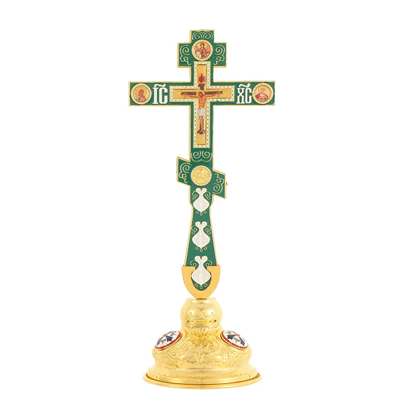 HT Orthodox Standing Cross Gold Plated Metal Crucifix Jesus Cross Church Altar Decor Christian Religious Gift