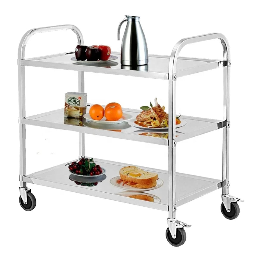 3-Tier Stainless Steel Catering Equipment Working Table Dining Cart with Kitchen Trolley Wheels Hotel & Restaurant Food Cart