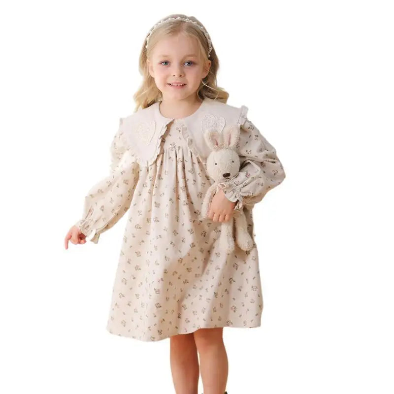 2025 Summer Girls Dress Lapel Print Lace Long Sleeve Casual Straight Silhouette Sweet Princess Style Cotton Material