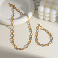 Trendy New Design 18K Gold Plated Stainless Steel Double Color Geometric Buckle Necklace Bracelet Set