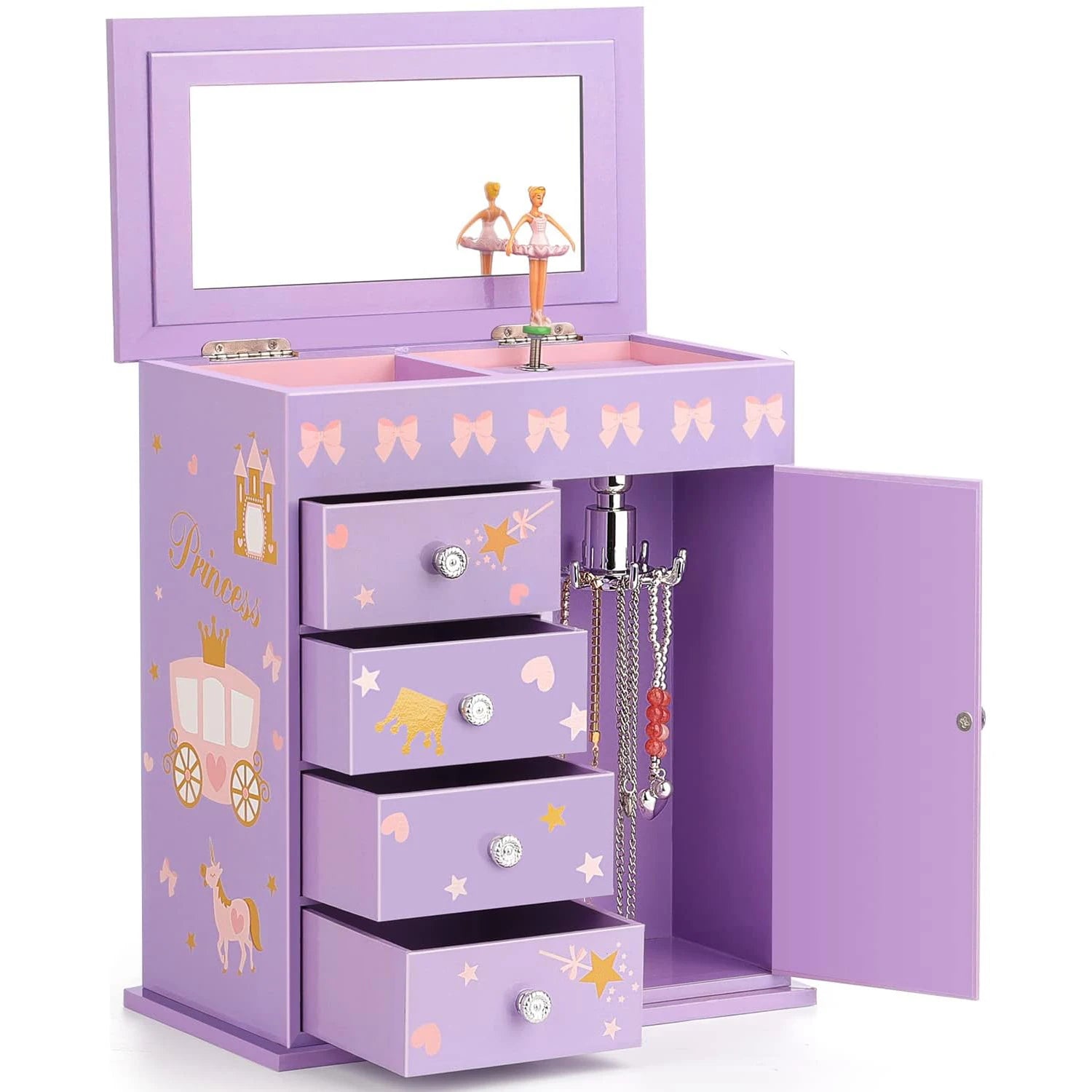 Ever Bright Eco-friendly Hand Crank Music Box Wardrobe Shape Unicorn Castle Theme Ballerina Jewelry Gift Girls Wholesale Pink