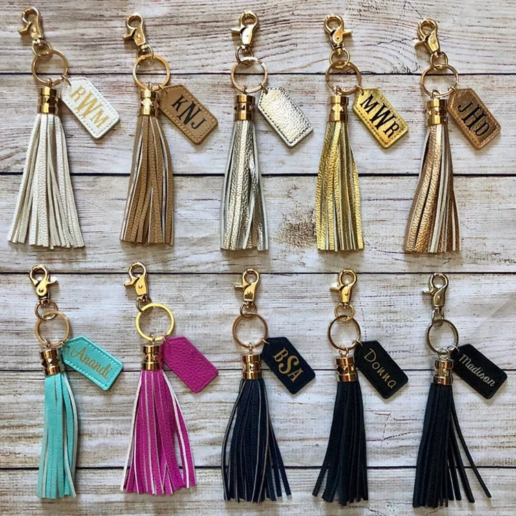 Wholesale Custom Blank Monogram PU Leather Bag Charm Tassel Keychain for Promotional Gifts