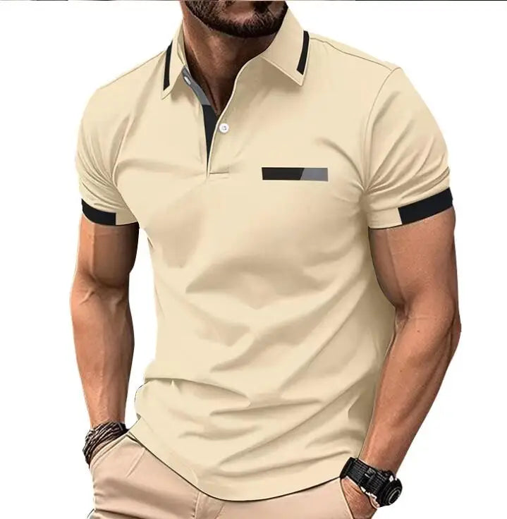 Men's Casual Polo Shirts Ribbed Lapel Business Wear Color Contrast Versatile T-shirt for Male