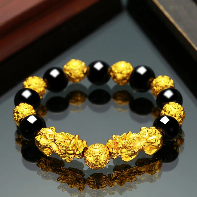 Natural Obsidian Alluvial Gold Six Word Maxim Lucky Bead PIXiu Bracelet