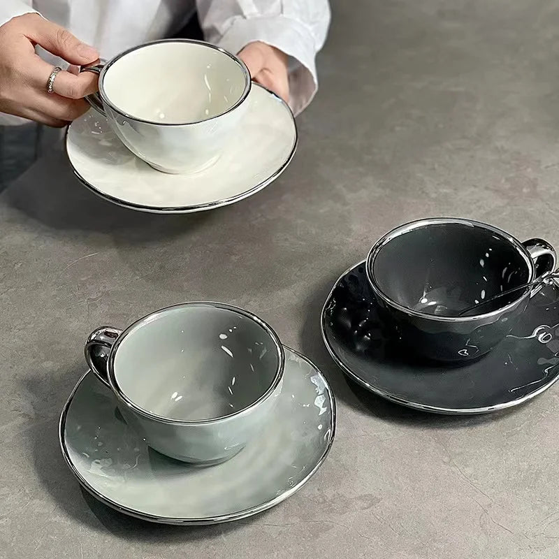 Nordic Light Luxury Afternoon Tea Cup Set Ceramic Cup and Saucer Electroplated Silver Edge Coffee Cup and Saucer Set Wholesale