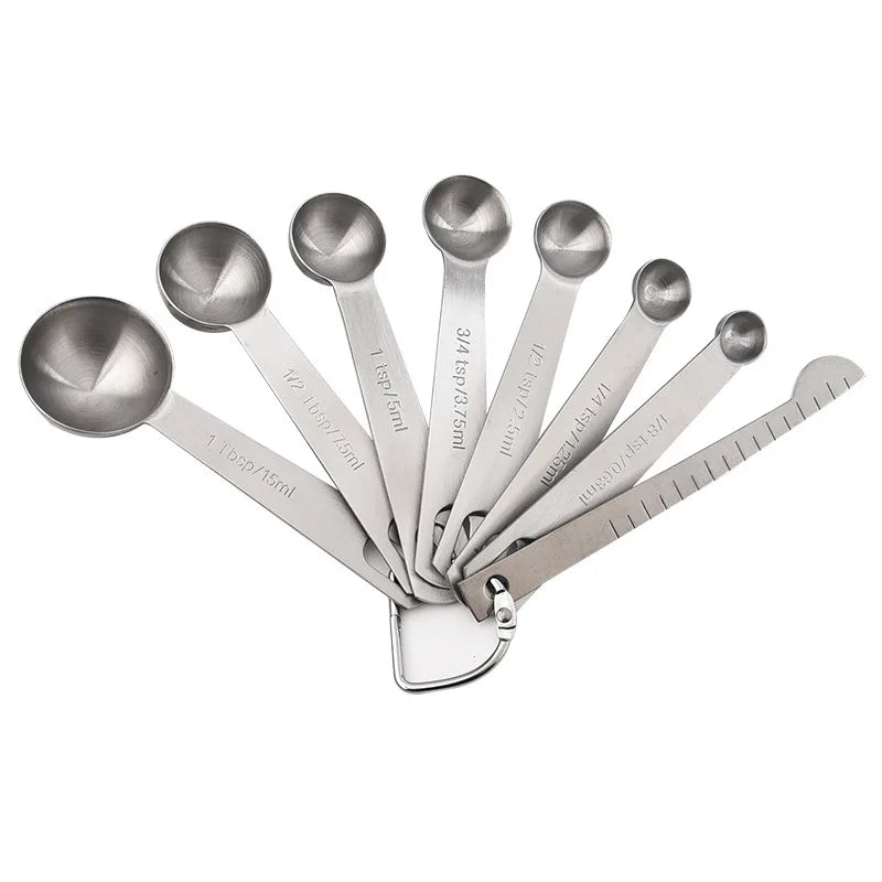 8pcs Measuring Spoon Set with Ruler Kitchen Baking Stainless Steel Measuring Scoop
