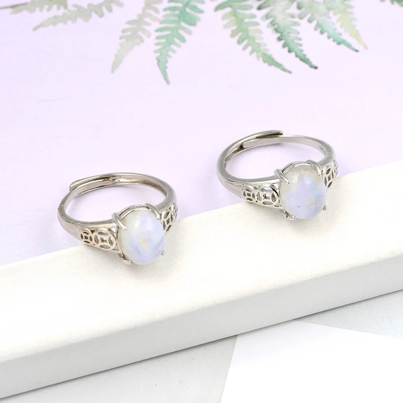Natural Rainbow Moonstone Crystal Gem Stone Exquisite 6*10mm Brass Oval Crystal Gemstone Ring