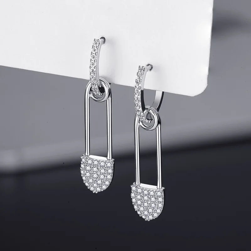 925 Sterling Silver Drop Dangle Paperclip Huggie Hoop Earrings CZ Two Toned Convertible Chain Link Dangle Earrings Jewelry