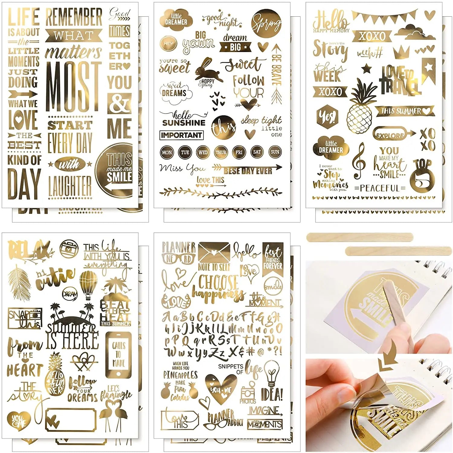 Rub on Transfer Stickers Scrapbooking Journal Vinyl Stickers Gold Foil UV Printing Gold Stamping Waterproof Decorative Sticker