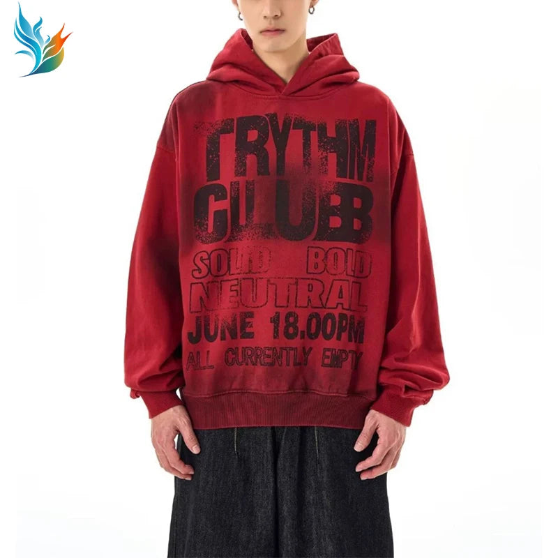 Streetwear Pullover Gothic Text Print Loose Fit Men's Retro Faded Red Graphic Hoodie