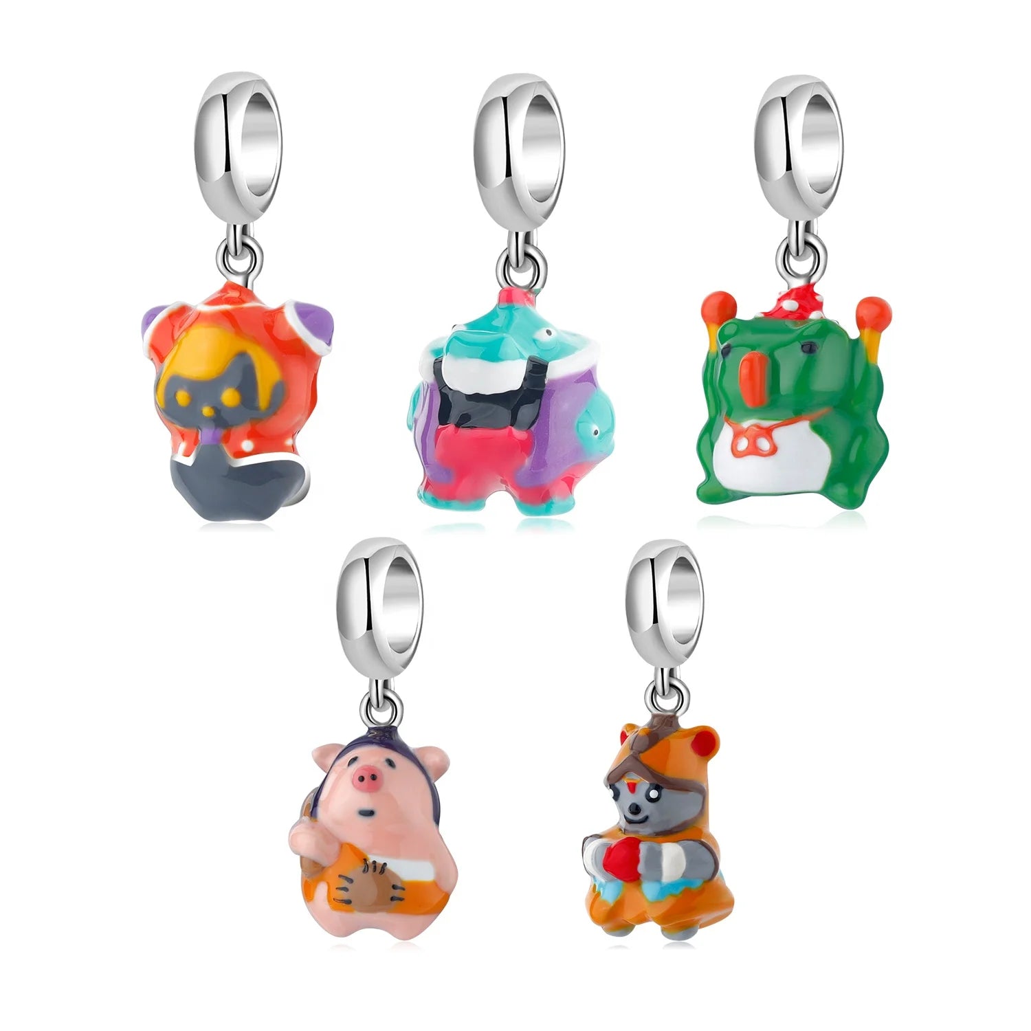 925 Silver Colorful Enamel Beads Animal City Elf Rabbit Frog crocodile Pig Beautiful Beads Pendant Fit Fashion Women Bracelets