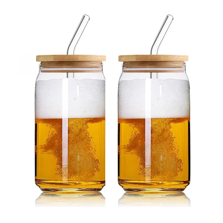 2023 New Design 12oz 16oz Transparent Clear Soda Tumbler Beer Can Shape Glass With Bamboo Lid and Glass Straw