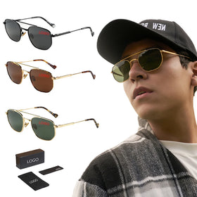 2024 Hexagon Square Vintage Fashion Metal pilot Shades Double Bridge UV 400 Polarized Sunglasses Custom logo for Men Woman