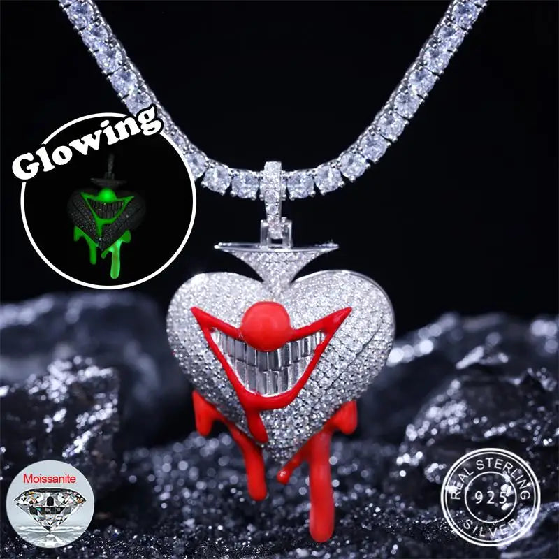Glow in the Dark Hip Hop Jewelry 925 Sterling Silver VVS Moissanite Diamond Enamel Iced Out Clown Face Heart Pendant for Men
