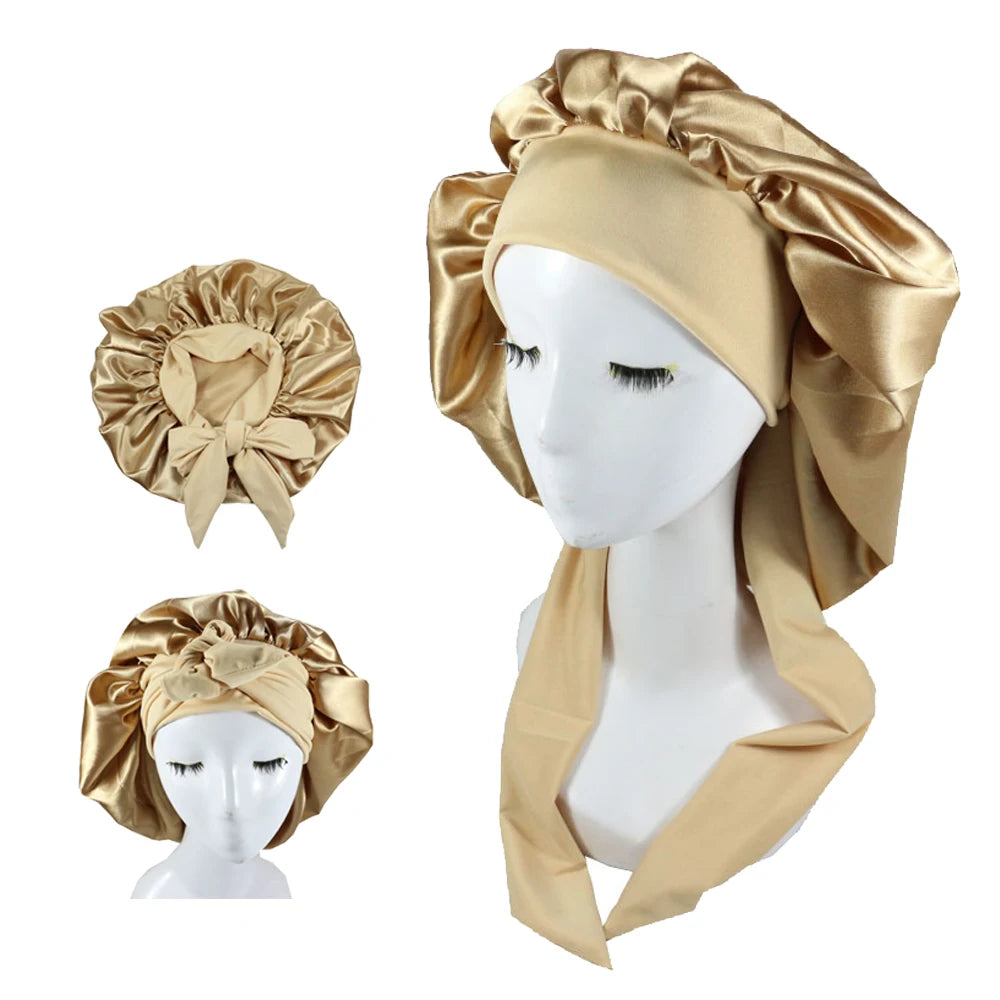 Women Big Large Braid Hair Head Wrap Satin Bonnet Tie Edge Band Adjustable Straps Wide Band Night Sleep Shower Cap Plain All