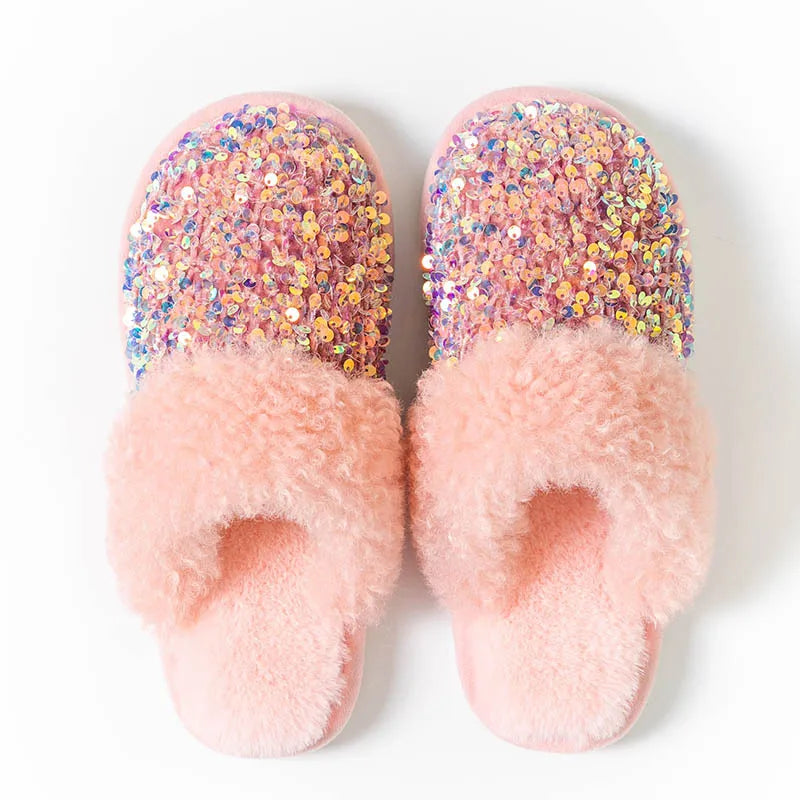 Winter Glitter Cotton Slipper Female Comfy Home Close Toe Indoor Plush Slipper Couple Cotton Shoes