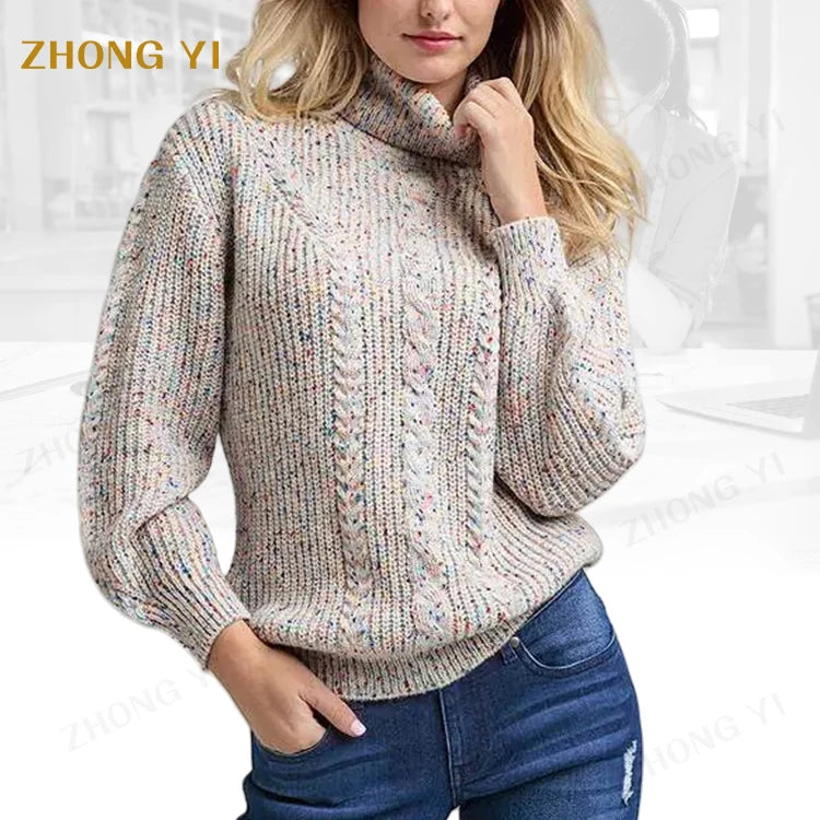 Clothing Factory Women's Long Sleeve Warm Casual Wool Pullover Custom Color Turtleneck Loose Knit Wholesale Cotton Sweater