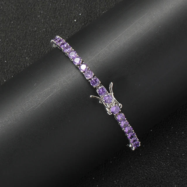 18K Gold Plated Classic Style Iced Out Purple Cubic Zircon Tennis Chain Bracelet Hiphop Jewelry for Women-for Parties