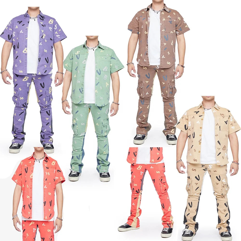 KY Custom All Over Print Short Sleeve Man Clothes Pant and Shirts Button up Shirt and Pants Set Men Stacked Flare Pants