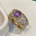 CAOSHI Gorgeous Purple Oval Design Crystal Cubic Zirconia Two Tone Plated Hollow Band Ring for Women Engagement CZ Rings Jewelry