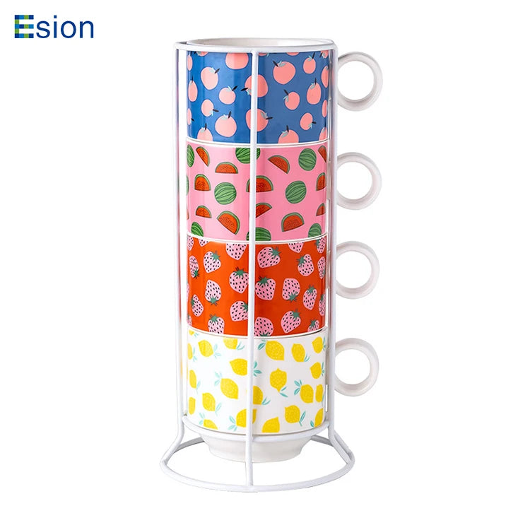Popular Modern 7oz Ceramic Stacking Coffee Mugs Milk Water Cups Set of 4 With Rack
