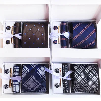 Necktie Polyester Business Executive Men's Tie Pocket square Cufflinks and Tie Clip 6 Piece Gift Box Tie