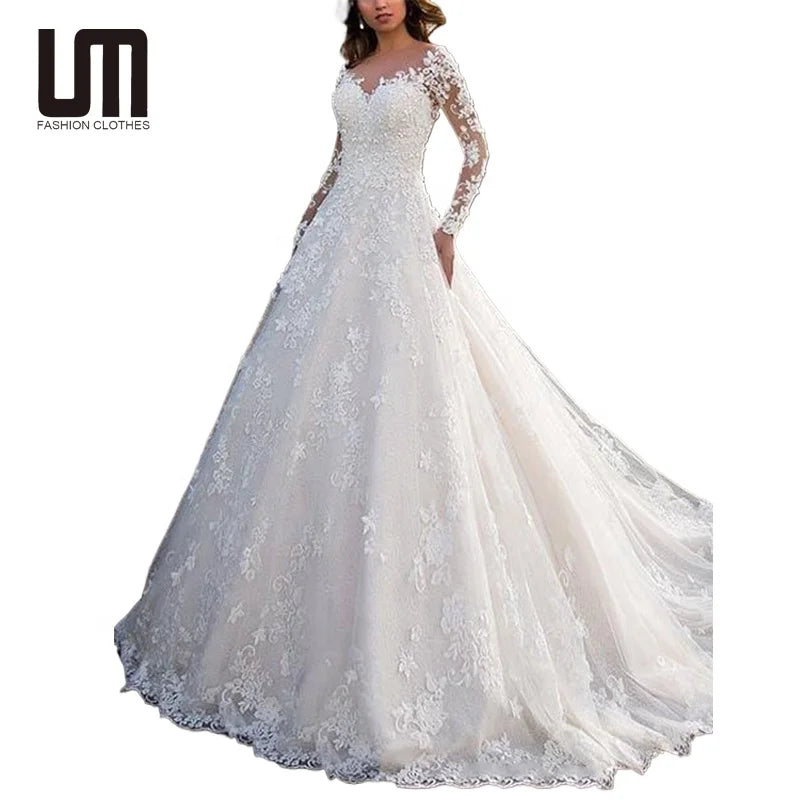 Liu Ming Elegant Fashion Women Sexy V Neck Long Sleeve Lace Wedding Party Night Evening Dress