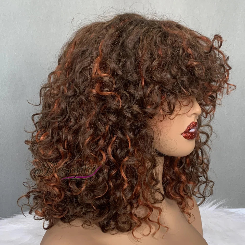 Bob Wig Glueless#P4 350 Colored Bob WigsSuper Double Drawn Luxury Curly Human Hair Wig With Bangs MegaBDM