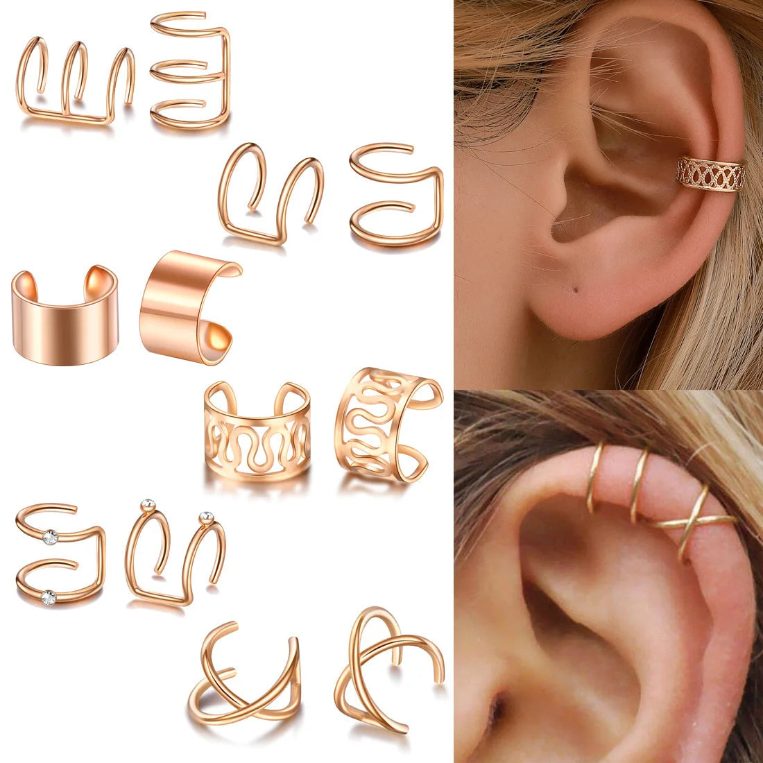Copper Alloy Gold Black Silver Ear Cuffs Pvd Plating 12pcs Pack Simple Geometric Chunky Ear Cuff Set