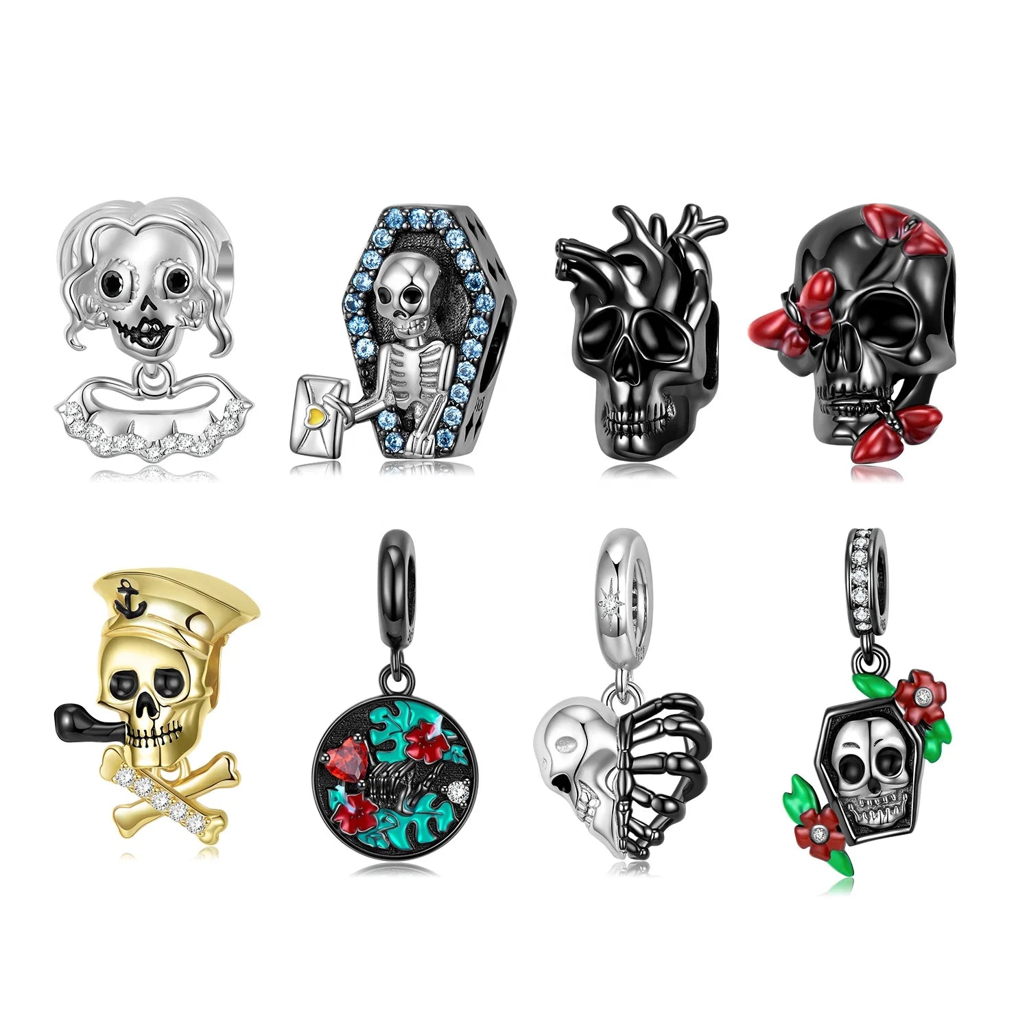Butterfly Flowers Skull Lady Charm Pendant Authentic 925 Sterling Silver CZ Beads for Women Fine Jewelry Making Charm Bracelets