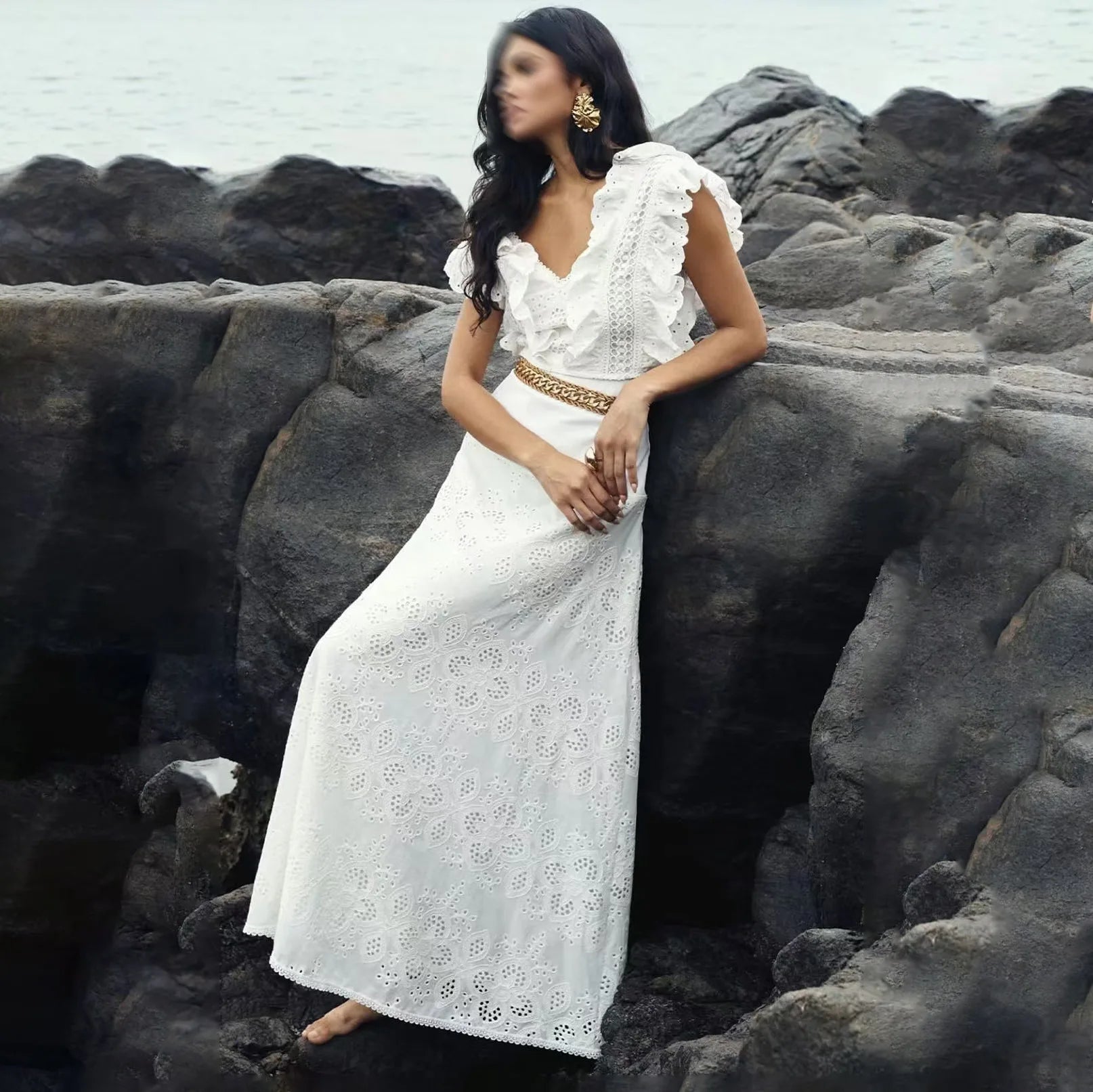 Holiday Style Beach Dress Suit 2025 Summer New Style V-Neck Sleeveless Ruffled Top + High Waist Skirt
