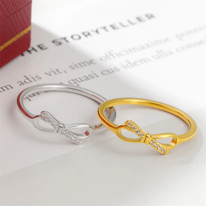 Fashion Dainty Crystal Bowknot Gold Plated Stainless Steel Hollow Zircon Bow Tie Rings for Women