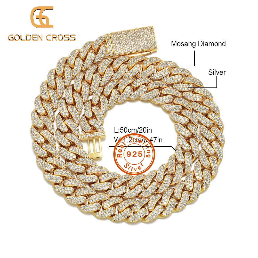 Mozambique 925 Silver Cuban Chain 12mm Gold Plated Geometric Pattern for Weddings Engagements Top Vvs Moissanite Necklace