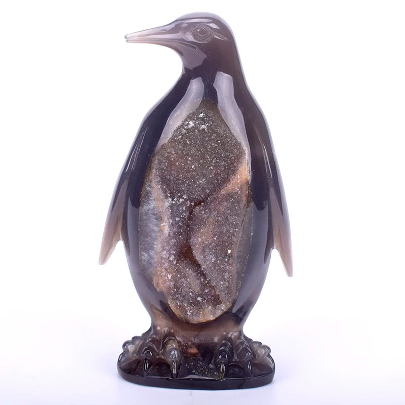 Natural Quartz Crystal Agate Geode Hand Carved Penguin Animal Gemstone for Home Decoration