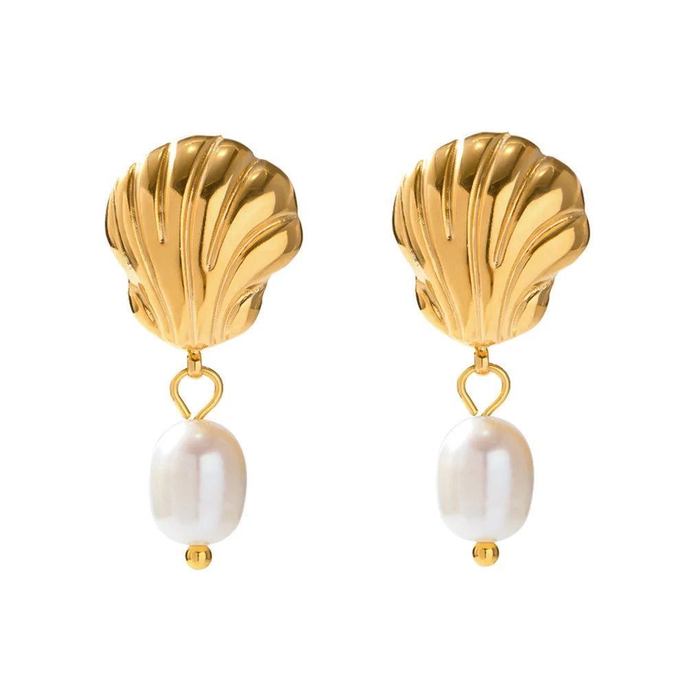 18K Gold-Plated Stainless Steel Stud Earrings with Freshwater Pearl Pendant Trendy Fashion Jewelry for Weddings Gifts Parties