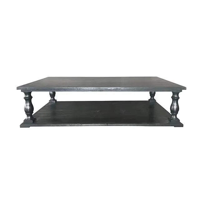 Vintage Distressed Double-Tier Solid Wood Coffee Table (French Turned-Leg American Country Living Room Table)