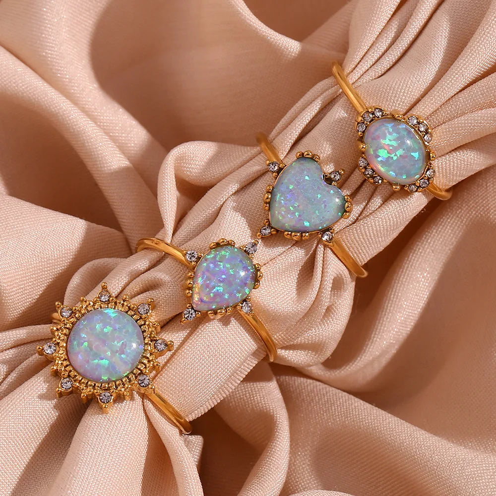 Oval Circle Heart Shape Opal Diamond Ring Light Luxury Open Adjustable Ring Stainless Steel 18K Gold Plated Women Jewelry Rings