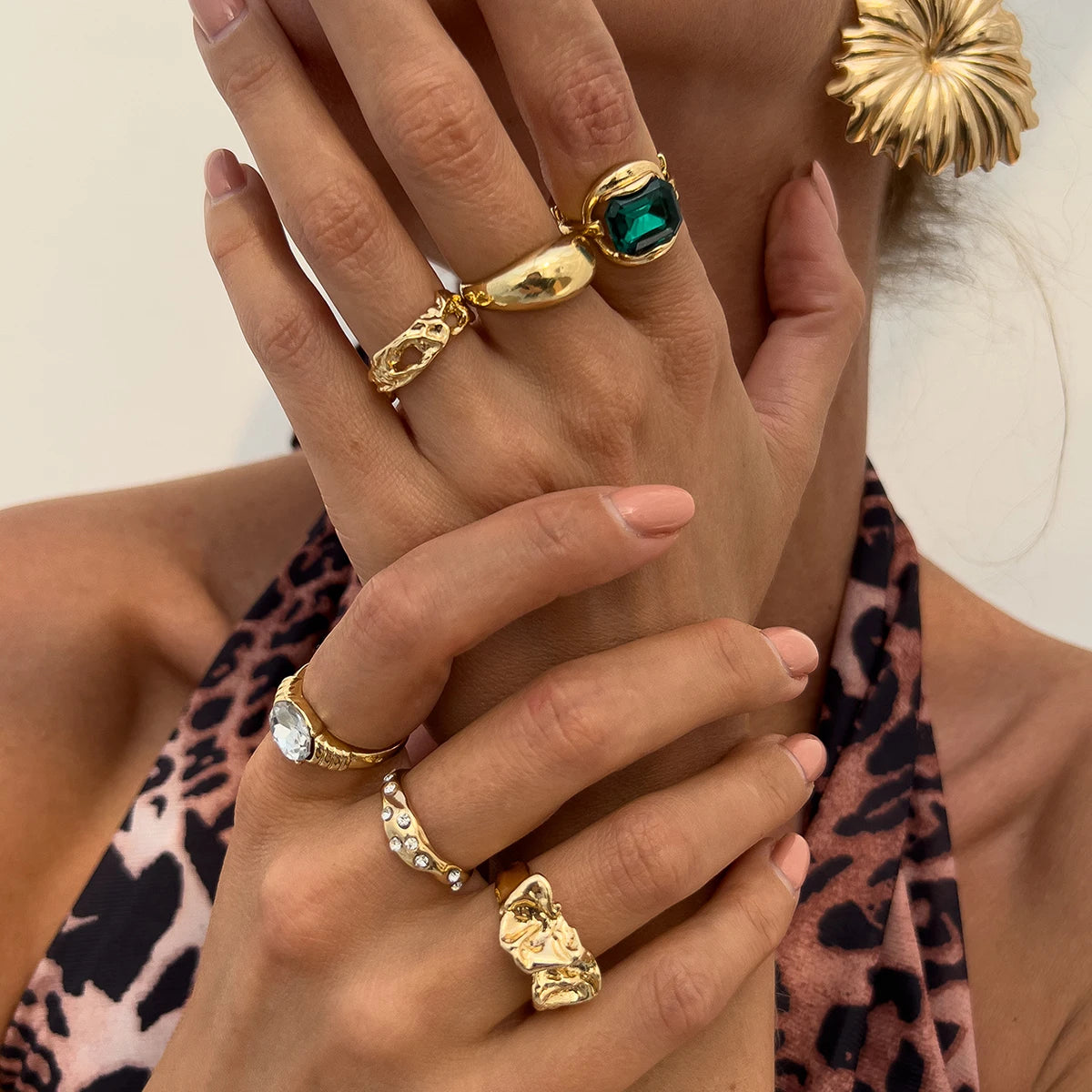 6Pcs/Set Trendy Geometric Inlay Acrylic Gemstone Rings for Women Casual Ladies Street Stackable Ring Fashion Jewelry Accessories