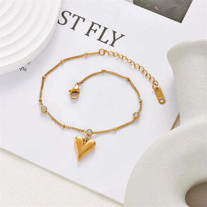 HOVANCI Fashion Design Heart Beach Anklet Healing Crystal 18k Gold Plated Stainless Steel Anklets