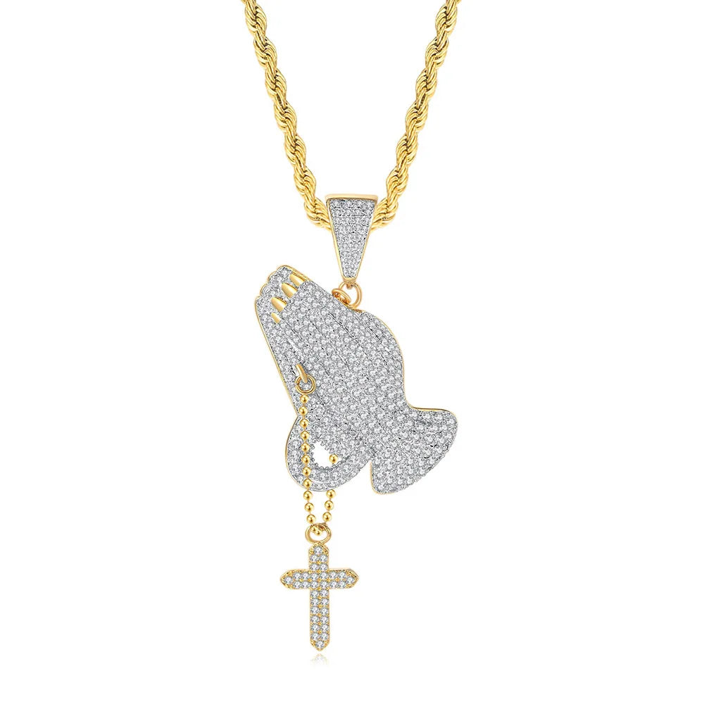 Hip Hop Rapper Iced Out Praying Hand Pendant Necklaces for Men Women Gold Color Charm Jewelry Necklace Chain on the Neck