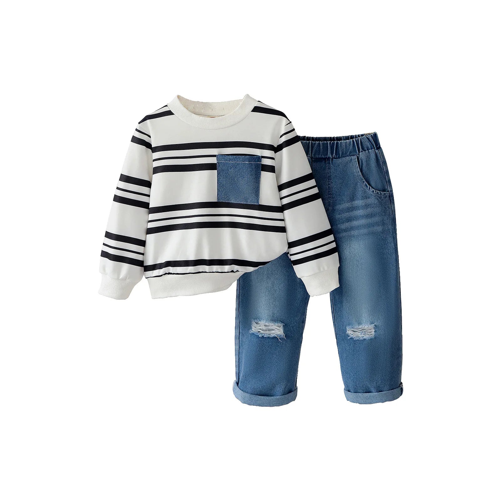European American Unisex Stylish Casual Two-Piece Set for Autumn Winter Cotton Sweatshirt Striped Pattern Denim Ripped Pants for