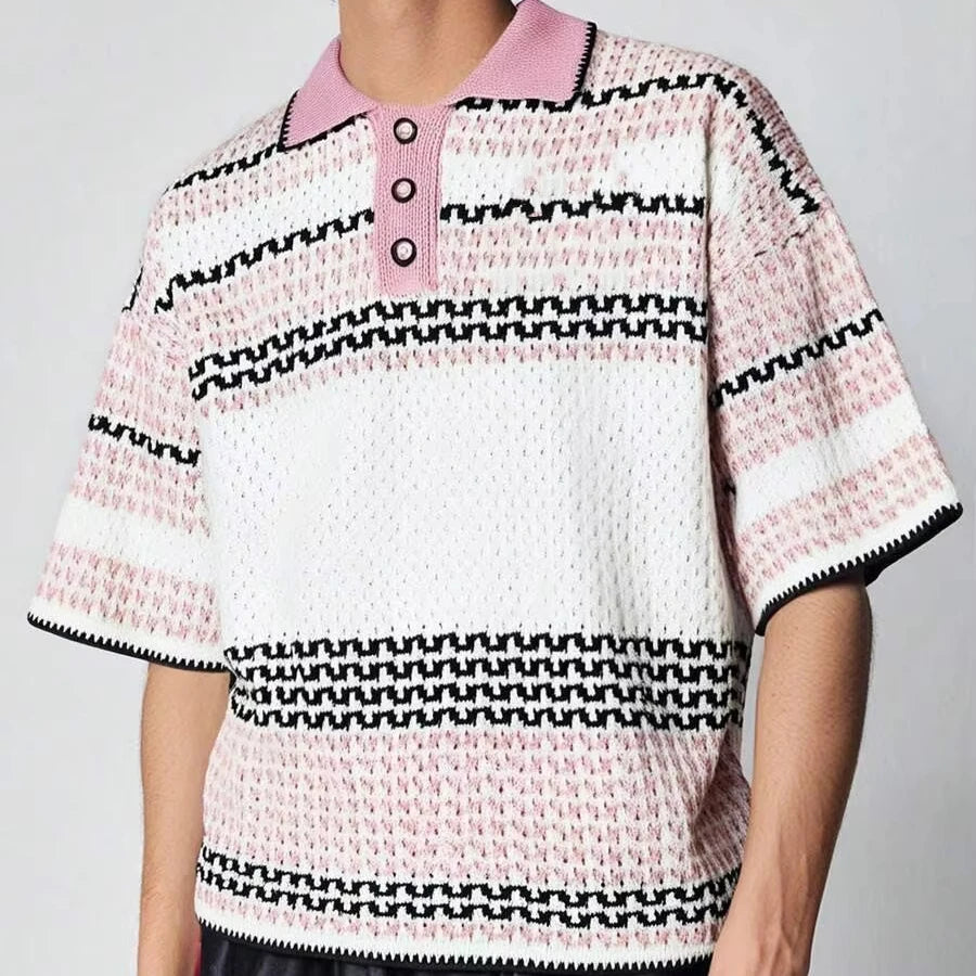 Custom Design Logo Mesh Short Sleeve Summer Beach  Crochet T-shirt Pullover Top Knitwear Men Knitted Polo Shirts